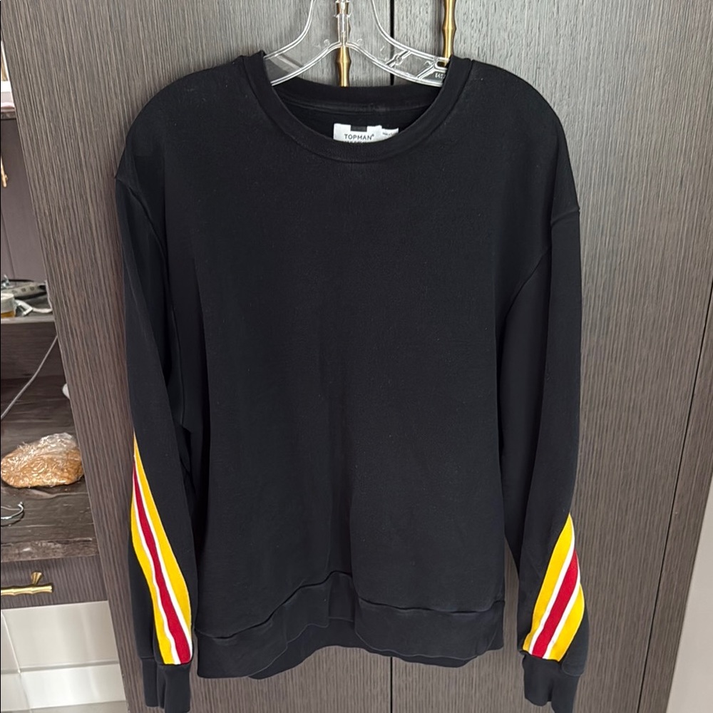 Topman Black and Red Crewneck Sweater with Striped Sleeves